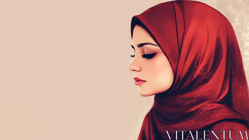 Elegant woman in red hijab, digital painting with soft tones.