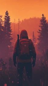 Hooded hiker studies burning orange forest skyline in dusk