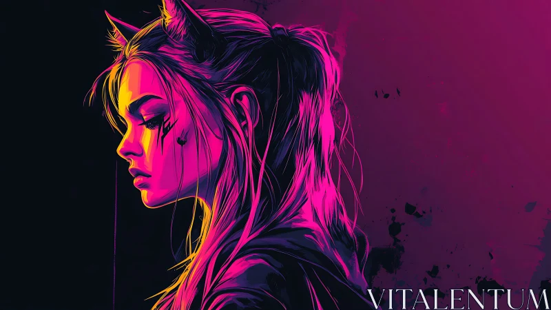 Neon-lit side profile of cyberpunk girl with demon horns