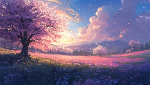 Pink blossom meadow under dramatic sunset sky.