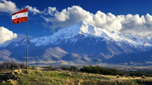Red and white flag stands before extensive snow covered mountains