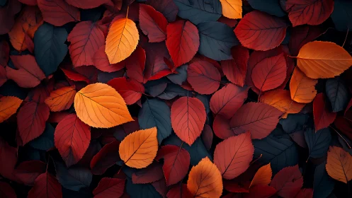 Autumn leaves in layered reds, oranges, and deep blues.