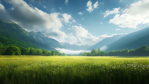 Backlit alpine valley meadow under volumetric clouds and mist