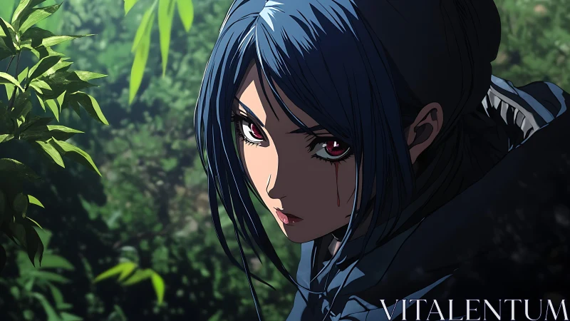 Steely eyed warrior hiding in quiet forest shadows.