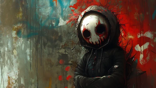 Moody masked figure stands bold before wild urban graffiti