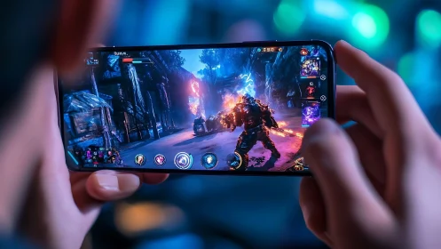 Mobile gamer holds smartphone showing vivid fantasy battle