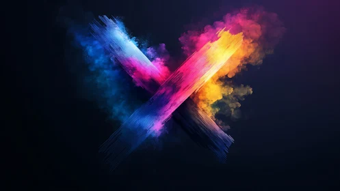 Vibrant neon X of colored paint strokes on dark field.