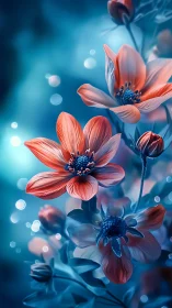 Coral flowers with blue bokeh background and atmospheric lighting