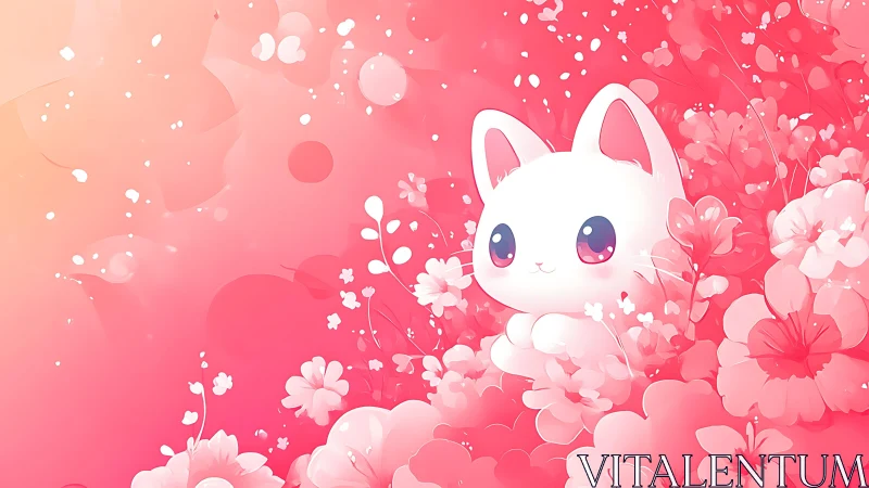 White cartoon cat among dense pink floral background.