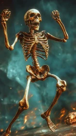 Human skeleton figure in dynamic upright pose on smoky field.