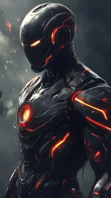 Futuristic armored android with red illuminated circuits.