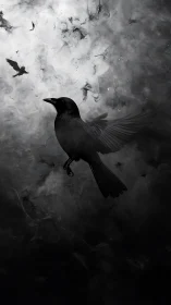 Black Raven Ascending Through Ethereal Mist Particles
