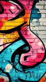 Bold street graffiti curves explode across brick wall.