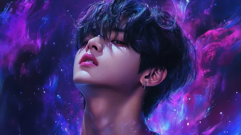 Iridescent portrait of androgynous figure in neon nebula glow