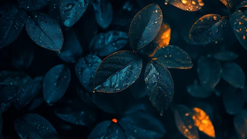 Moody macro foliage with cool teal shadows and warm rim lighting