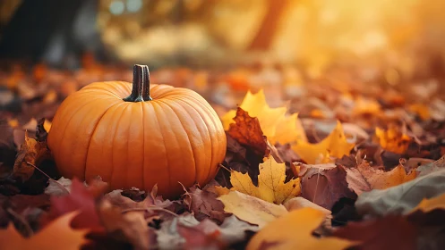 Sunlit pumpkin rests among vivid fallen autumn leaves.