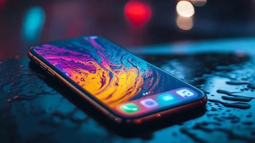 Neon smartphone on wet surface with vibrant abstract display.