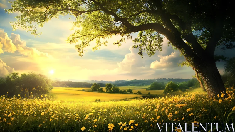 Sunlit wildflower meadow under sprawling oak tree.