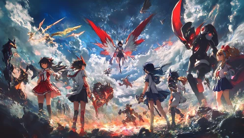 Epic anime heroines and mechs clash in a fiery sky realm.