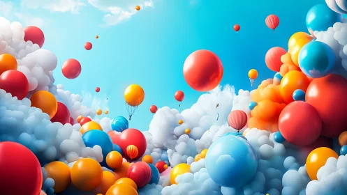 Skybound carnival of clouds and balloons in bright escape.