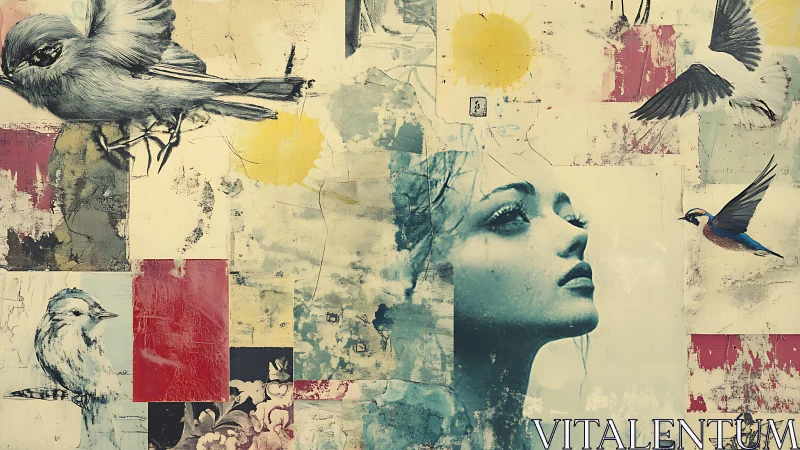 Mixed-media collage portrait with avian studies and weathered grounds.