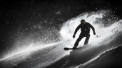 Powder-starred silhouette dances through a storm of frozen light