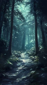 Forest path with stream under dense canopy, sunlit clearing.
