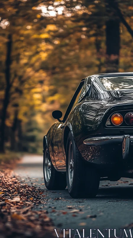 Classic black coupé on leaf-lined forest road in autumn bokeh