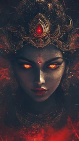 Fiery goddess portrait with glowing eyes and ornate crown.