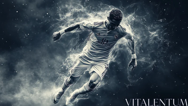 Dynamic football player bursts through smoky cosmic energy