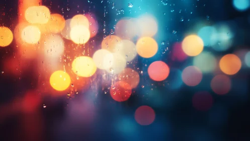Raindrops on glass with defocused multicolored city lights.