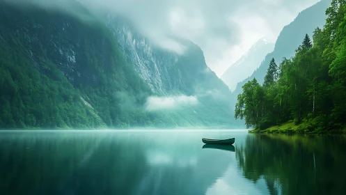 Lonely rowboat on misty mountain lake with green forest.