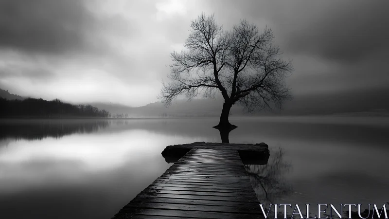 Solitary lakeside tree in monochrome mist with reflective pier.