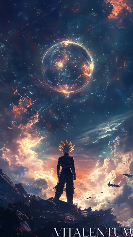 Backlit warrior surveys cosmic energy sphere within turbulent sky