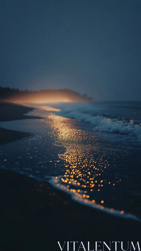 Golden shoreline reflections glow against deep blue dusk