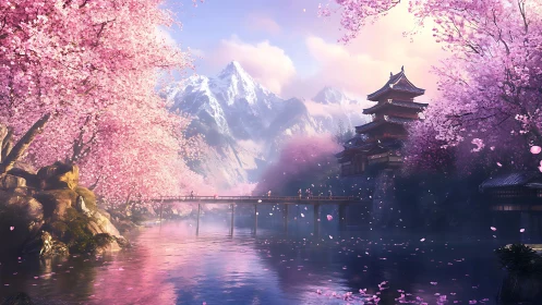 Cherry blossom riverside temple with bridge and mountains.
