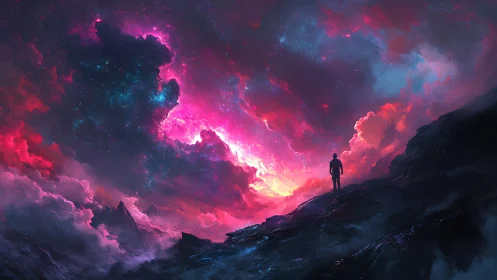 Solitary figure on rocky ridge under luminous nebula sky.