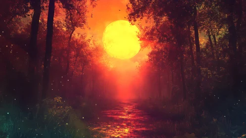 Digital forest scene presents large sun above reflective path