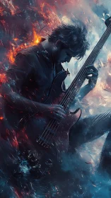 Electric guitarist erupts in blazing cosmic soundstorm energy