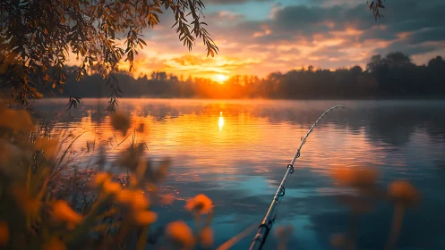 Sunlit fishing rod leans into a lake of molten sunrise glow.