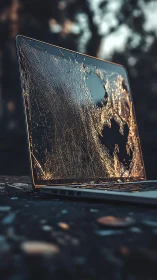 Shattered laptop screen reflects outdoor light in closeup view