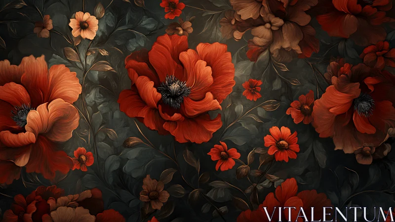 Crimson Blooms Cascade Against Shadowed Garden Symphony.