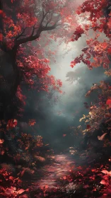 Forest pathway with red foliage and atmospheric mist.