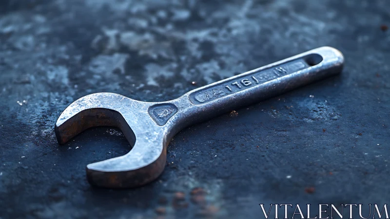 Metallic Open-End Wrench On Weathered Dark Surface With Visible Texture
