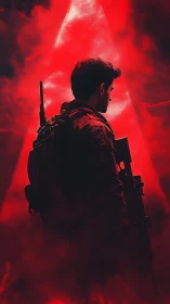 Armed figure in red backlight with triangular smoke field.