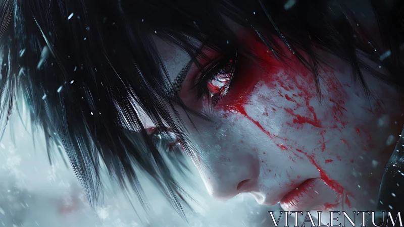 Bloodstained anime face in cold falling snow close-up portrait.