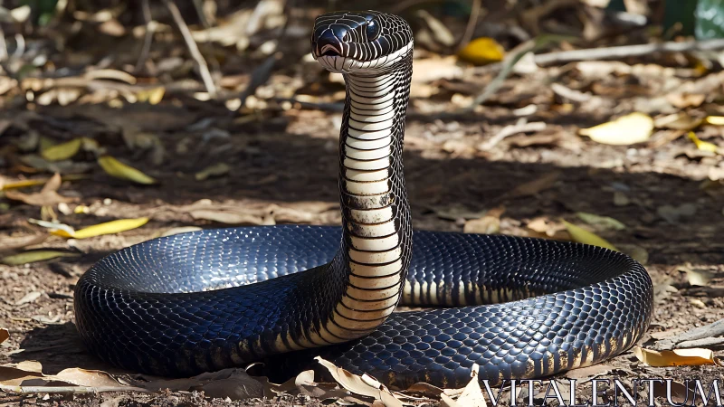 Glossy black cobra poised calmly on sunlit forest floor.