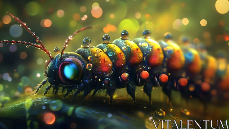 Bioluminescent caterpillar glows under dew in dreamy bokeh light