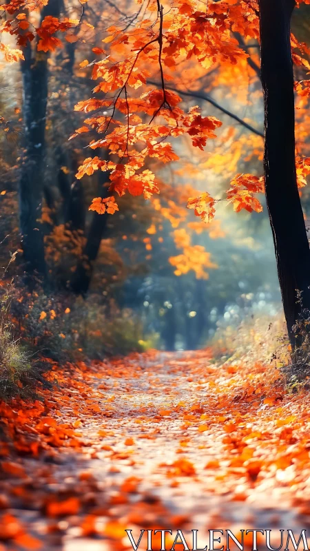 Autumn forest path covered with orange fallen leaves in light.