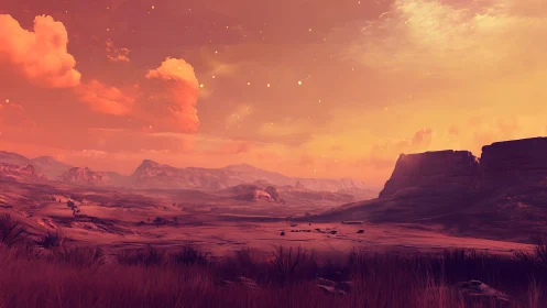 Digital painting of luminous desert plateau at sunset glow.